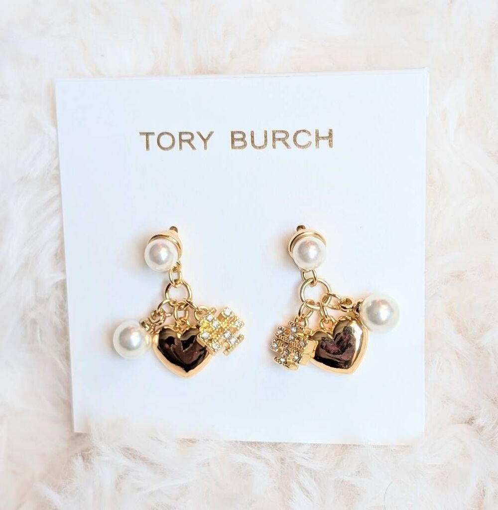 TORY BURCH Pearl Gold Heart Pave Logo Drop Dangle Earrings